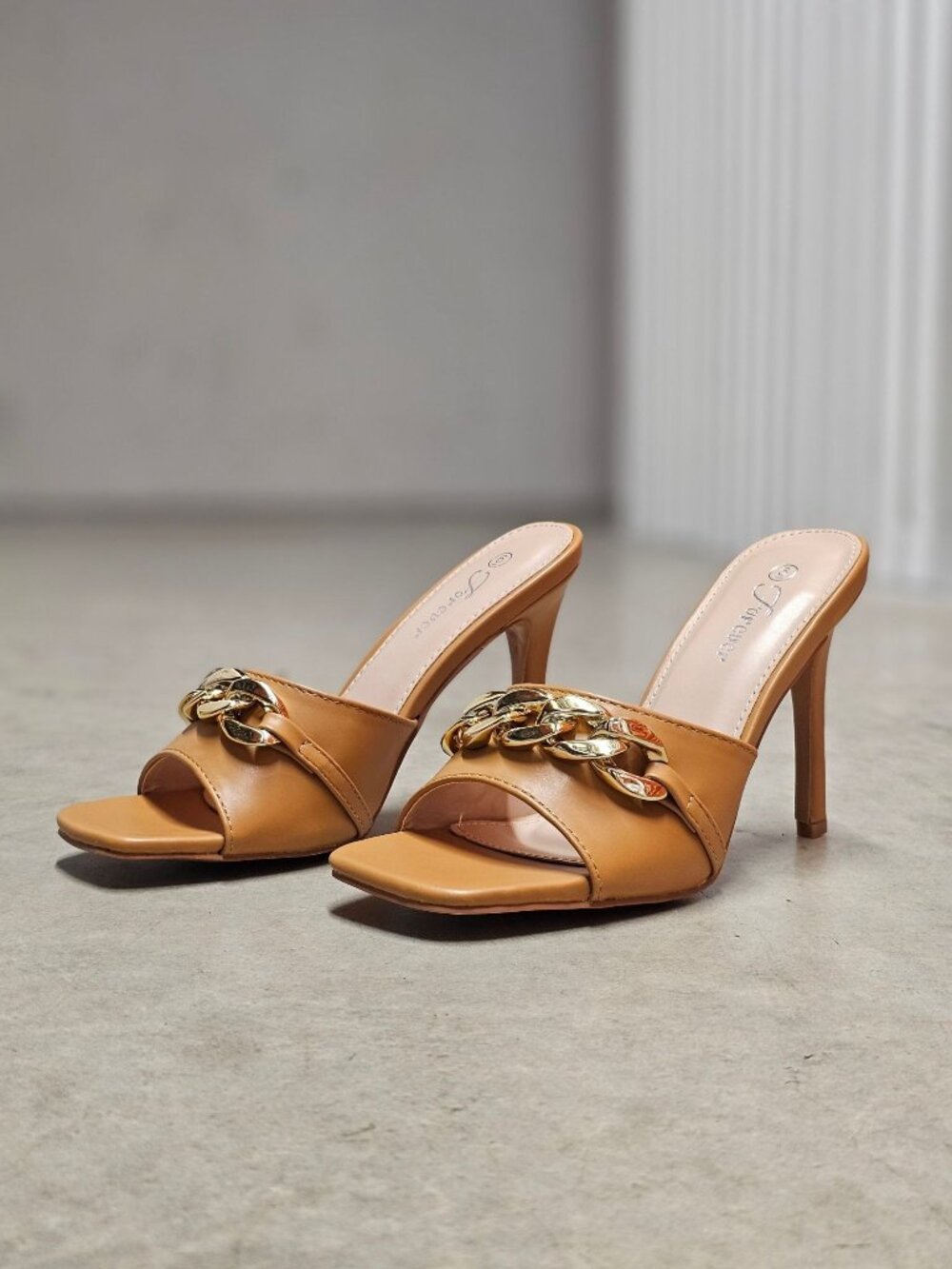 Tan Open-Toe Stiletto Heels With Gold Chain Detail - Picture 12 of 16